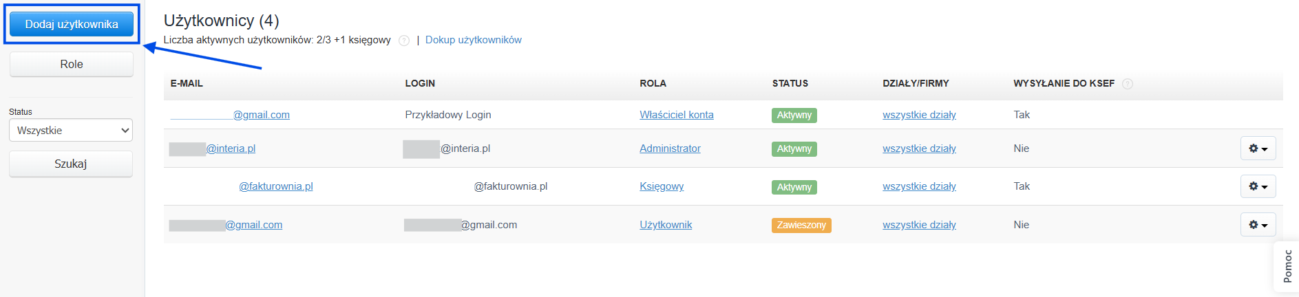 Interfejs zarządzania użytkownikami w Fakturowni, pokazujący listę użytkowników z przyciskami do dodawania użytkowników i zarządzania ich rolami.
