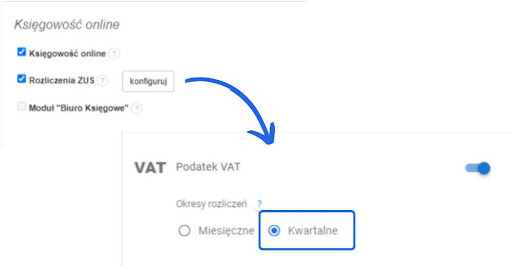 Panel konfiguracji w Fakturowni z opcjami księgowości online, rozliczeń ZUS oraz wyboru kwartalnych okresów rozliczeń VAT.