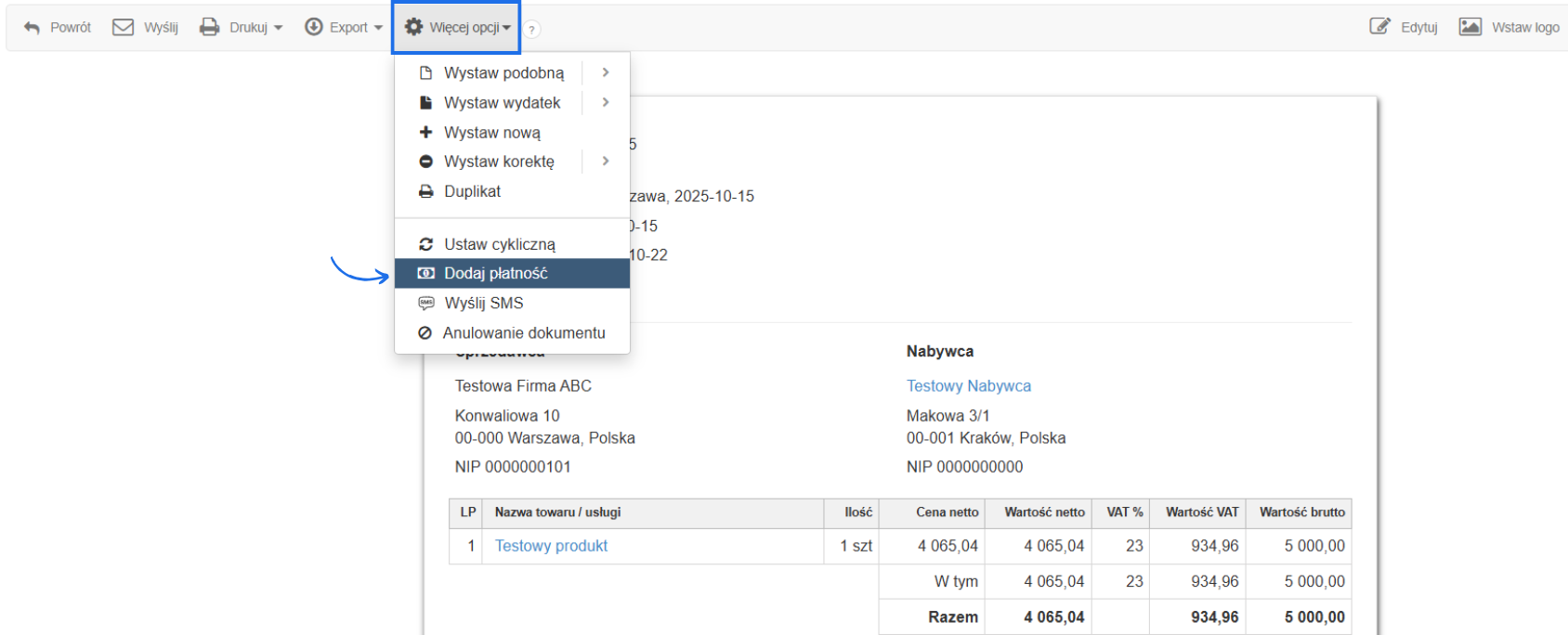 Podgląd faktury dla testowego nabywcy na kwotę 5000 zł brutto z aktywnym menu podręcznym i opcją dodawania płatności.