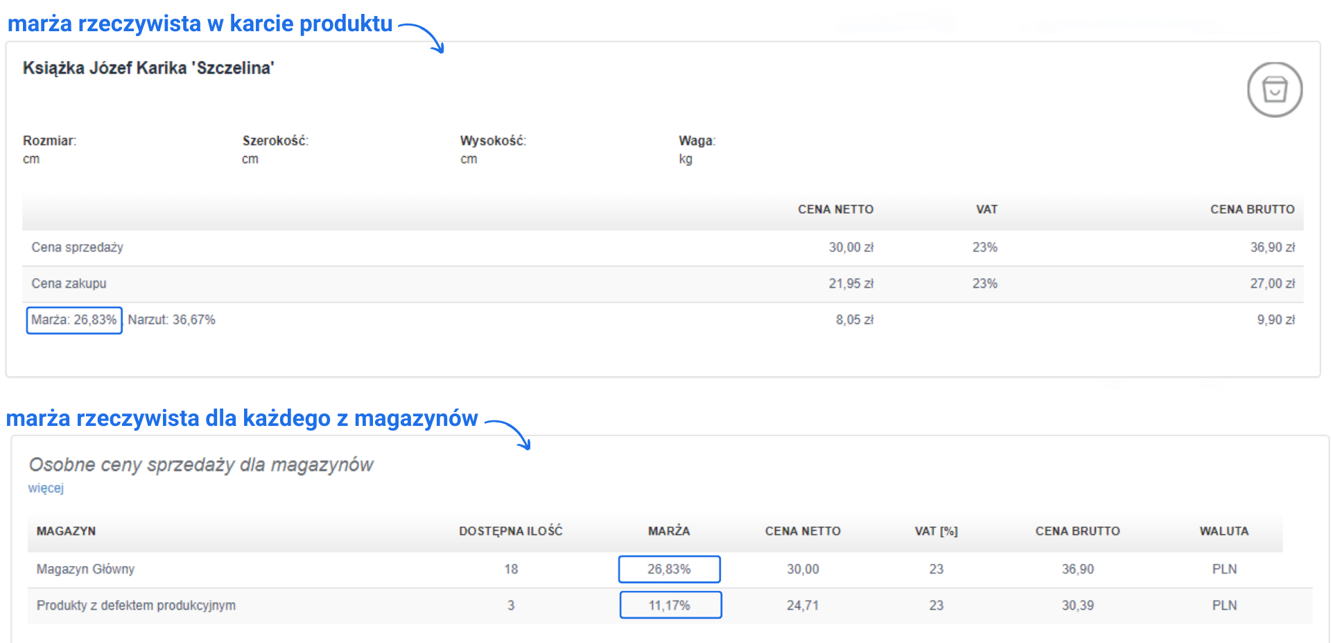 Marża rzeczywista dla książki 'Szczelina' – 26,83% w karcie produktu i różne marże dla magazynów: 26,83% dla głównego i 11,17% dla produktów z defektem.
