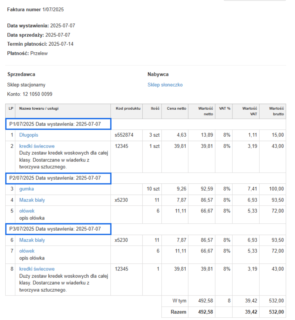 Faktura nr 1/07/2025 wystawiona na podstawie trzech dokumentów nieksięgowych proforma z wykazem produktów: Długopis, kredki, mazaki, gumka, z ceną netto i brutto.