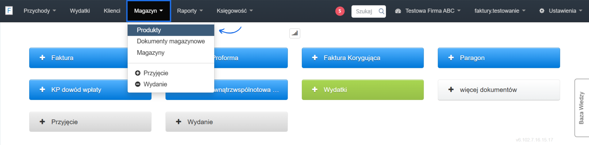 Strona główna konta w systemie do fakturowania online z przyciskami do tworzenia dokumentów oraz aktywną zakładką kierującą na listę produktów.
