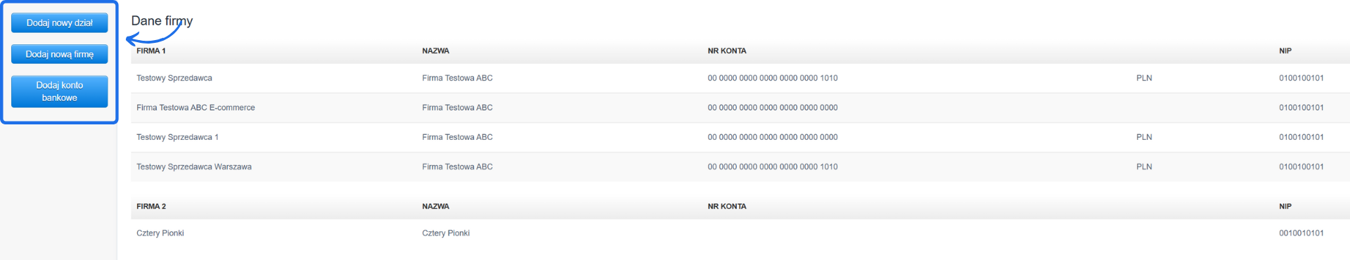 Lista danych firm z opcjami dodawania nowego działu, firmy lub konta bankowego, widoczne nazwy firm i ich numery kont oraz NIP.