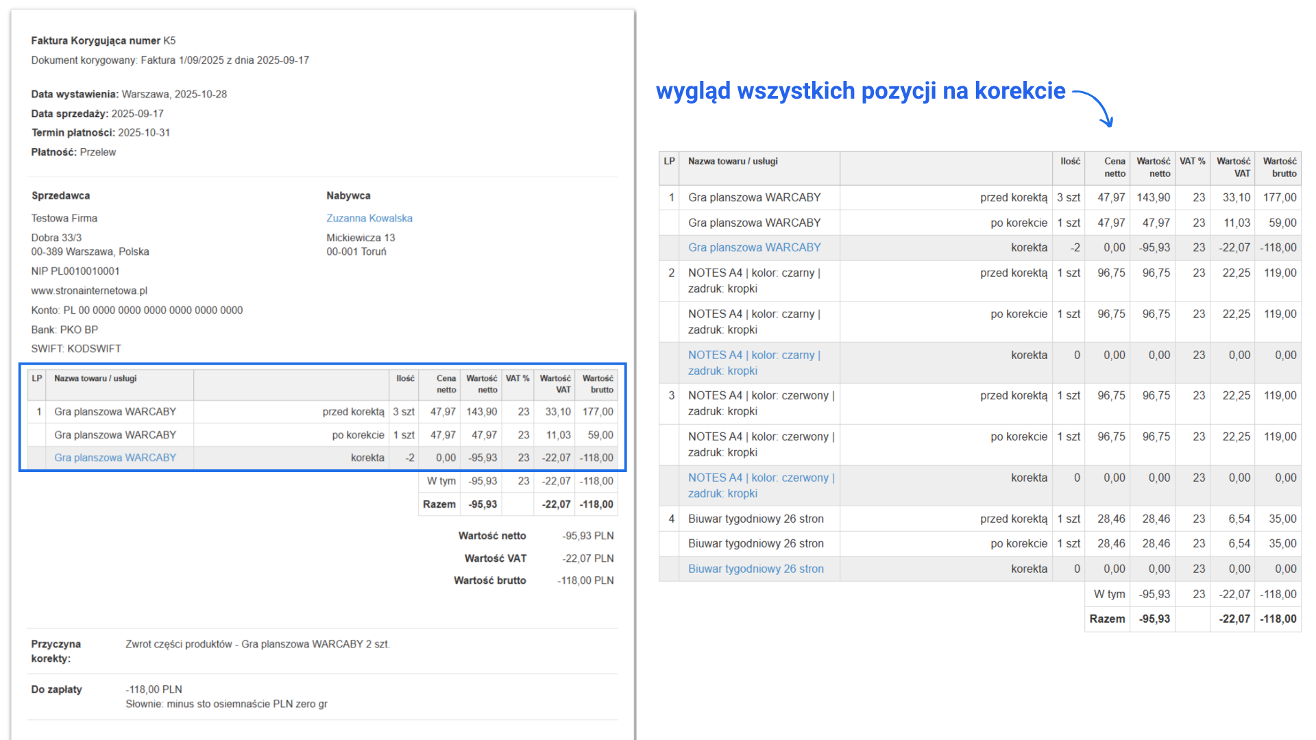 Przykład faktury korygującej z pełną listą pozycji oraz wyłącznie pozycjami, które uległy korygowaniu.
