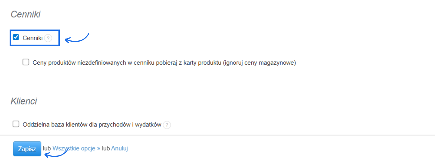 Ustawienia konta z sekcją cenników, aktywacją opcji i dodatkowych ustawień w zakresie cenników.