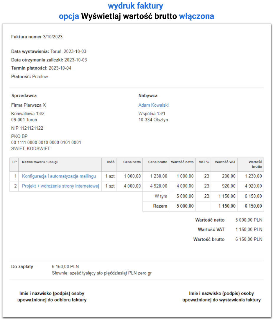 Przykładowa faktura sprzedażowa z włączoną opcję wyświetlania wartości brutto na wydruku faktury.