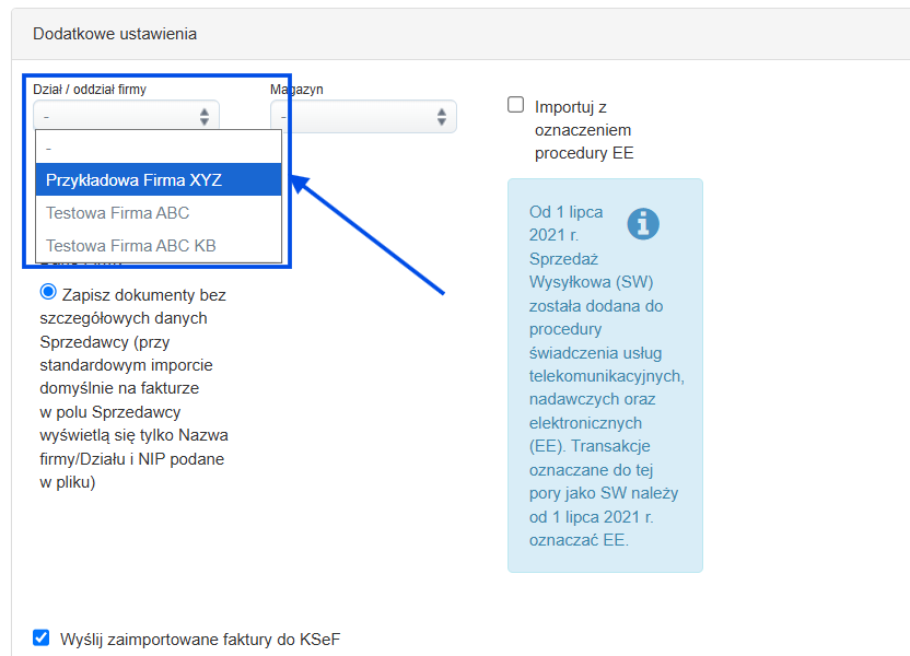 Pole Dział oddział firmy w kroku 2 importu Allegro XML w Fakturowni.