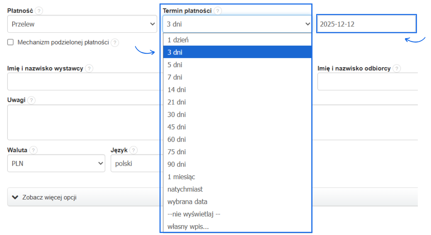 Formularz tworzenia faktury w systemie Fakturownia z możliwością wybrania formy płatności oraz terminu, który system po wybraniu opcji wskazuje jako konkretną datę. 