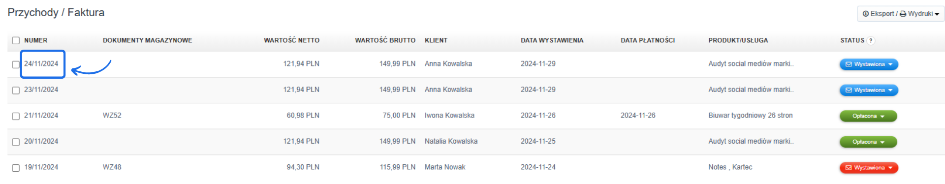 Lista faktur w panelu przychodów z widocznymi numerami, wartościami netto i brutto, klientami, datami płatności oraz statusami wystawienia i opłacenia.