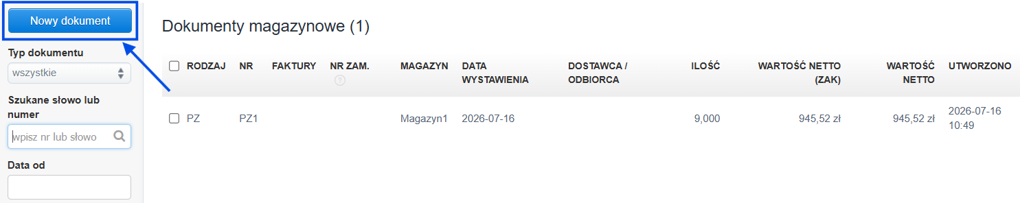 Lista dokumentów magazynowych wystawionych na koncie w Fakturowni z opcją dodania nowego dokumentu.