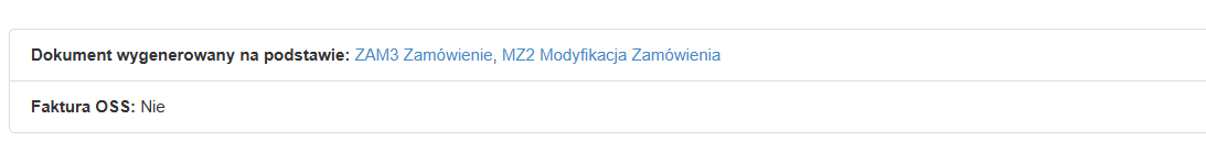 Sekcja dostępna w podglądzie faktury z linkowaniem wewnętrznym do powiązanych dokumentów jak zamówienie i modyfikacja zamówienia.