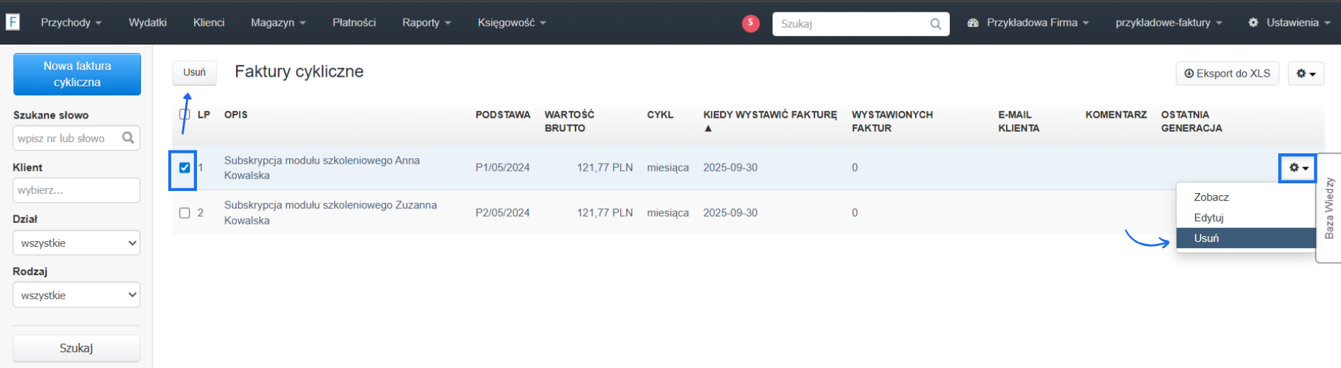 Lista faktur cyklicznych utworzonych na koncie w systemie Fakturownia z aktywną opcją usunięcia cyklu i zakończenia jego wystawiania.