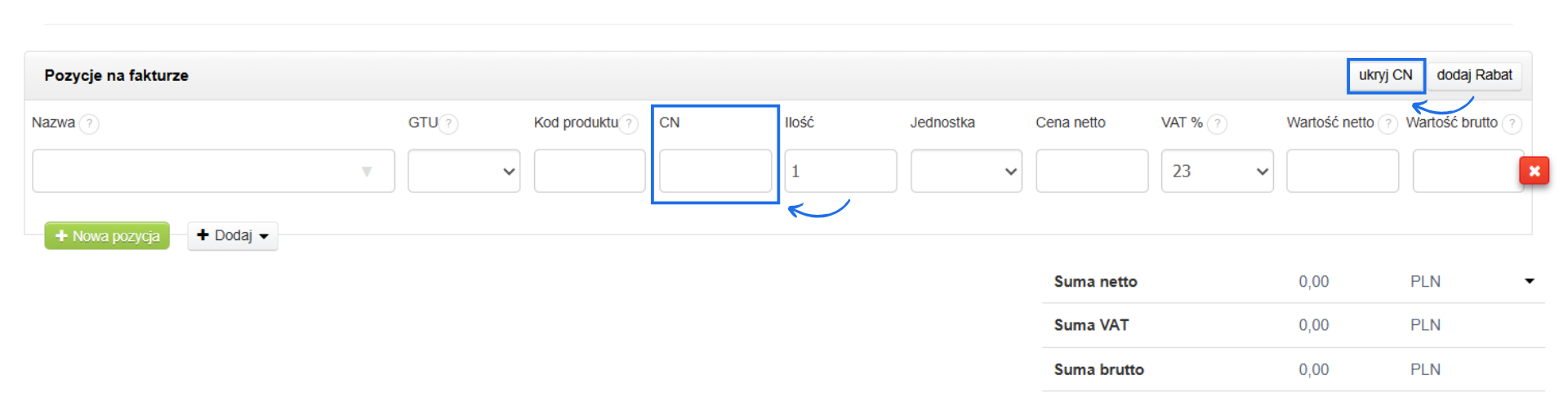 Sekcja pozycje na fakturze z formularza tworzenia faktury sprzedażowej w systemie Fakturownia z domyślnie dodanym dodatkowym polem i możliwością jego usunięcia.