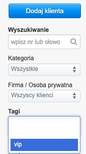 Filtr wyszukiwania klientów z rozwijaną listą tagów, zaznaczony tag „vip” do filtrowania klientów według etykiet.