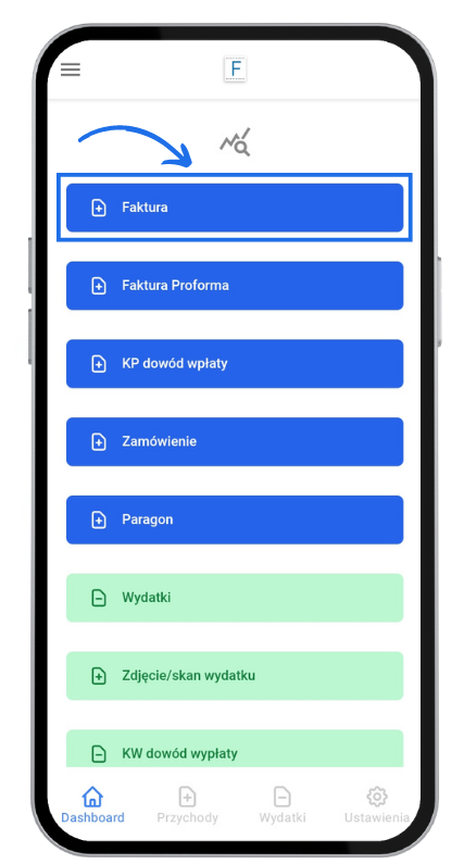 Ekran główny aplikacji mobilnej Fakturownia na iPhone. Podświetlona opcja wystawienia nowej faktury w sekcji Dashboard.