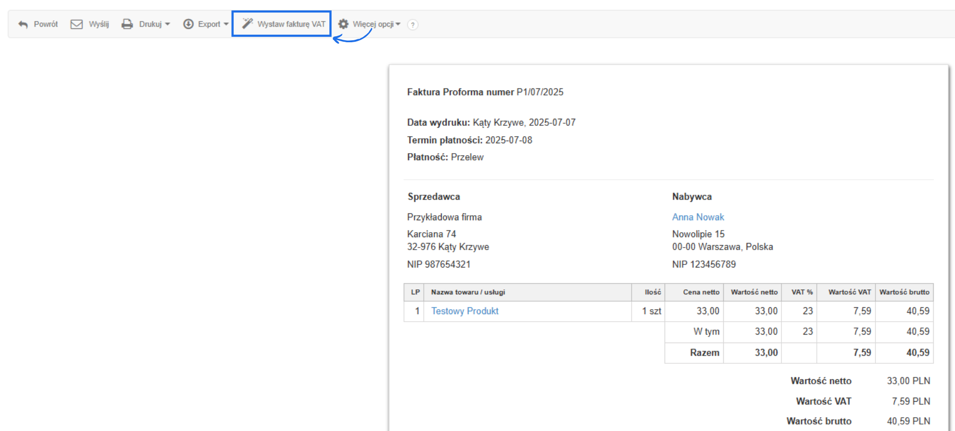 Faktura proforma z opcją Wystaw fakturę VAT, szczegóły dotyczące sprzedawcy, nabywcy, produktów i kwot płatności.