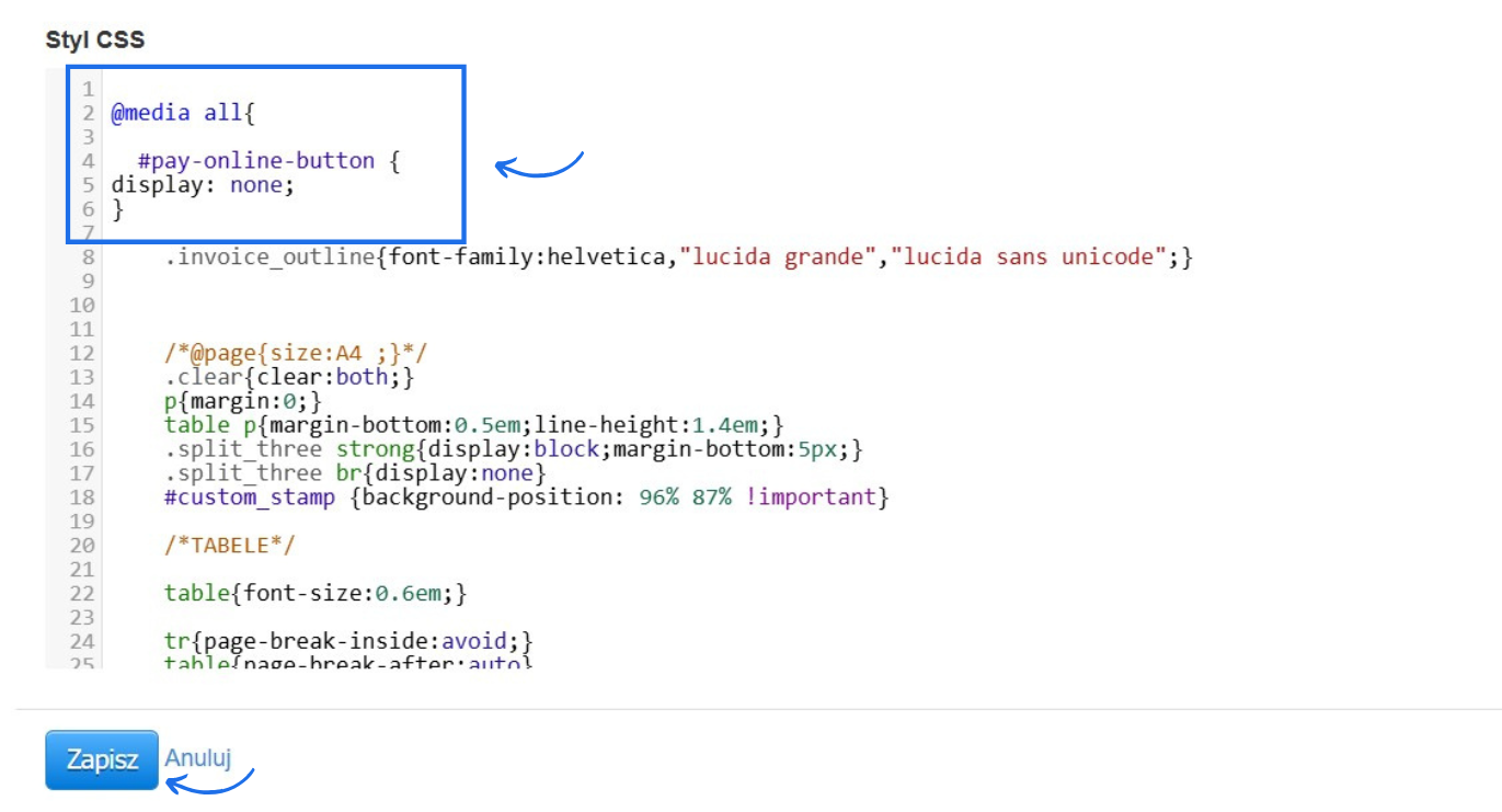 Pole ze stylami CSS systemowego szablonu w programie do fakturowania online z modyfikacją własnym kodem CSS.
