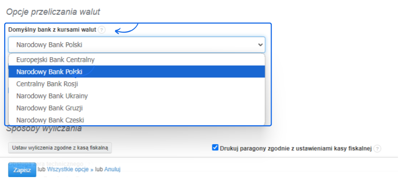 Opcje przeliczania walut z wyborem domyślnego banku, w tym Narodowy Bank Polski, Europejski Bank Centralny, Bank Ukrainy, Gruzji, Czech.