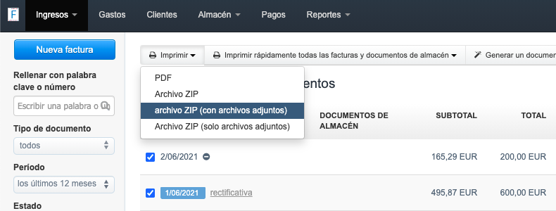 descargar facturas en archivo zip con archivos adjuntos