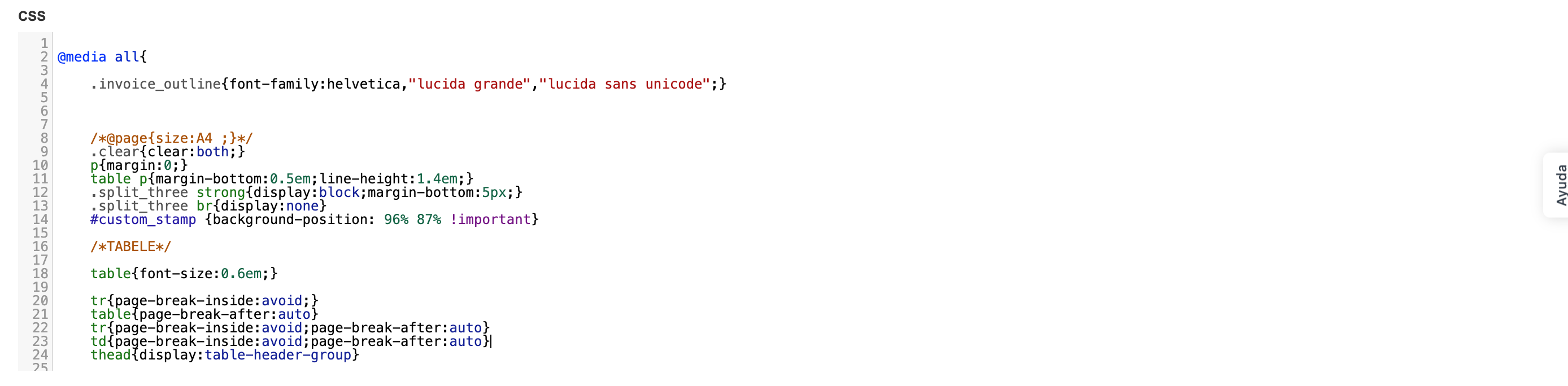 Campo CSS del editor de plantillas de factura con el código de estilos pegado