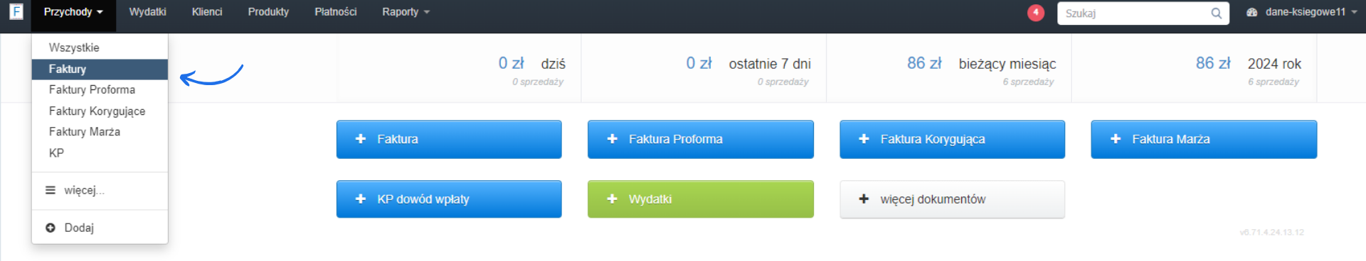 Widok panelu Fakturowni z rozwiniętym menu „Przychody” i zaznaczoną opcją „Faktury” do przeglądania wystawionych dokumentów.