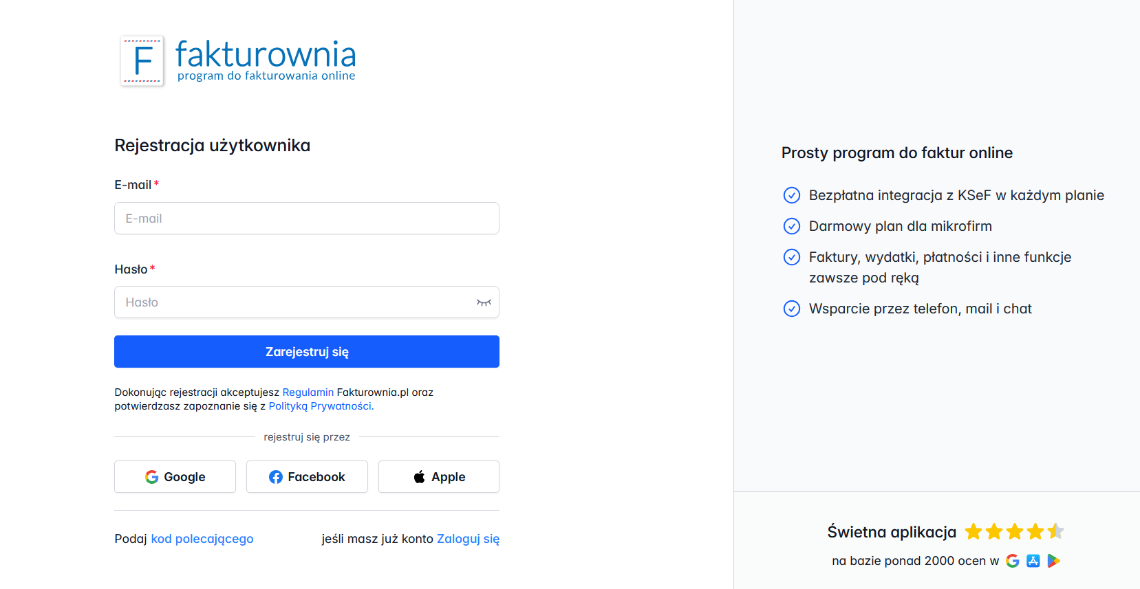 Formularz rejestracji użytkownika w Fakturowni z polami na e-mail, hasło i przyciskiem 'Zarejestruj się'.