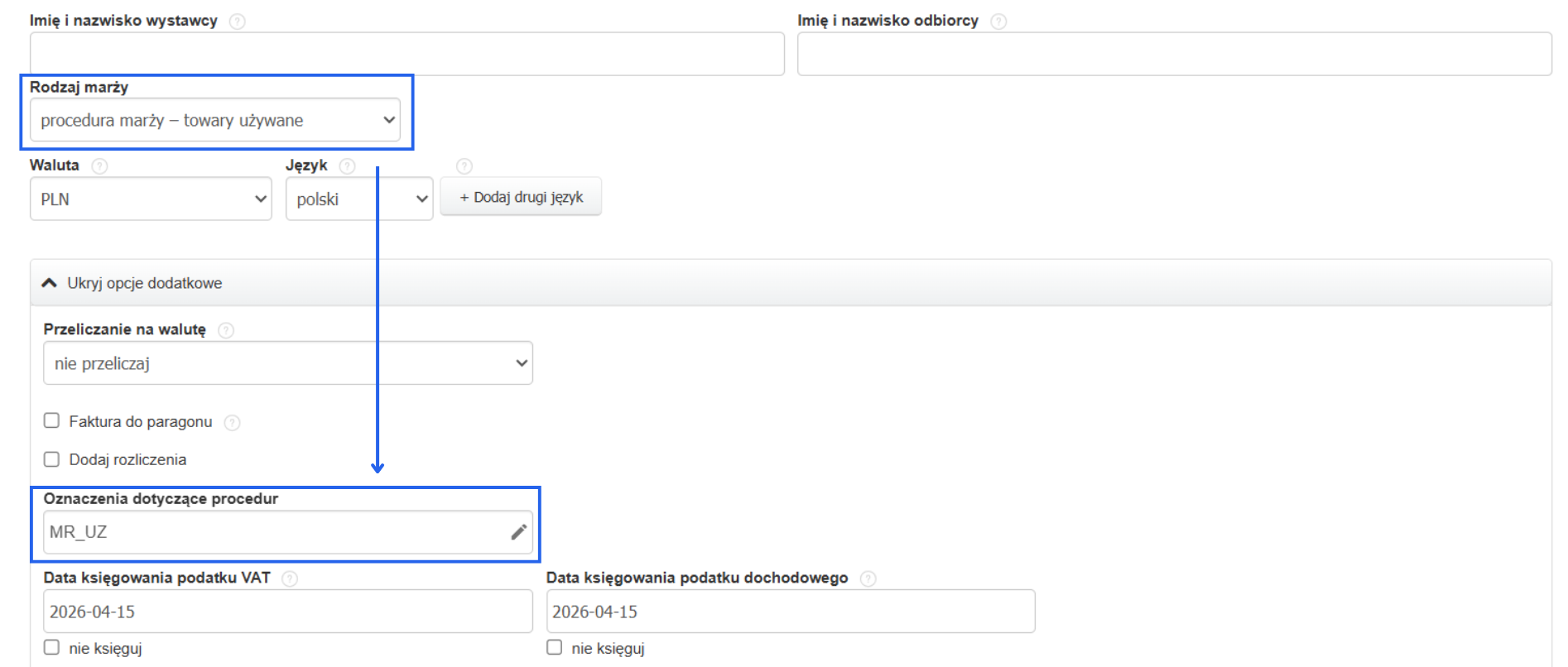 Oznaczenia rodzaju marży i procedur na fakturze marża.
