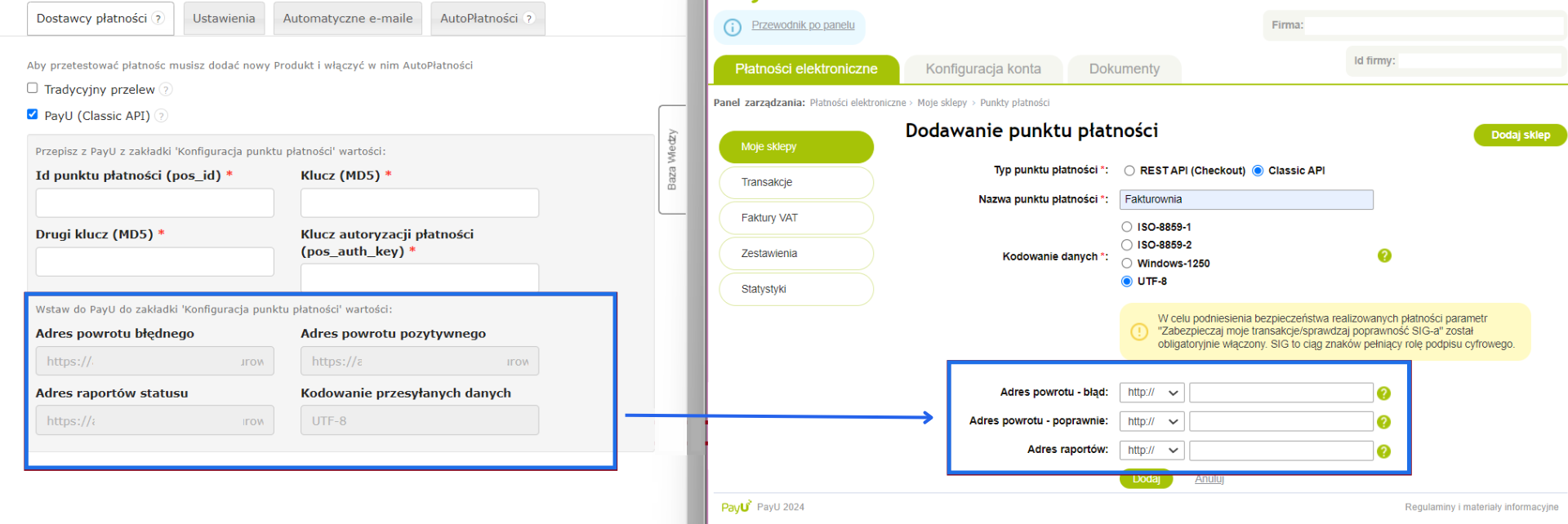 Konfiguracja bramki płatności PayU z panelem danych po stronie PayU i Fakturowni.
