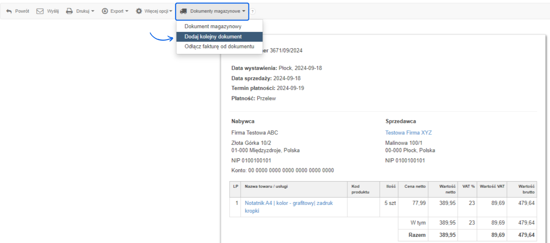 Dodanie kolejnego dokumentu magazynowego do faktury kosztowej z poziomu jej podglądu za pomocą opcję 'Dodaj kolejny dokument magazynowy'.