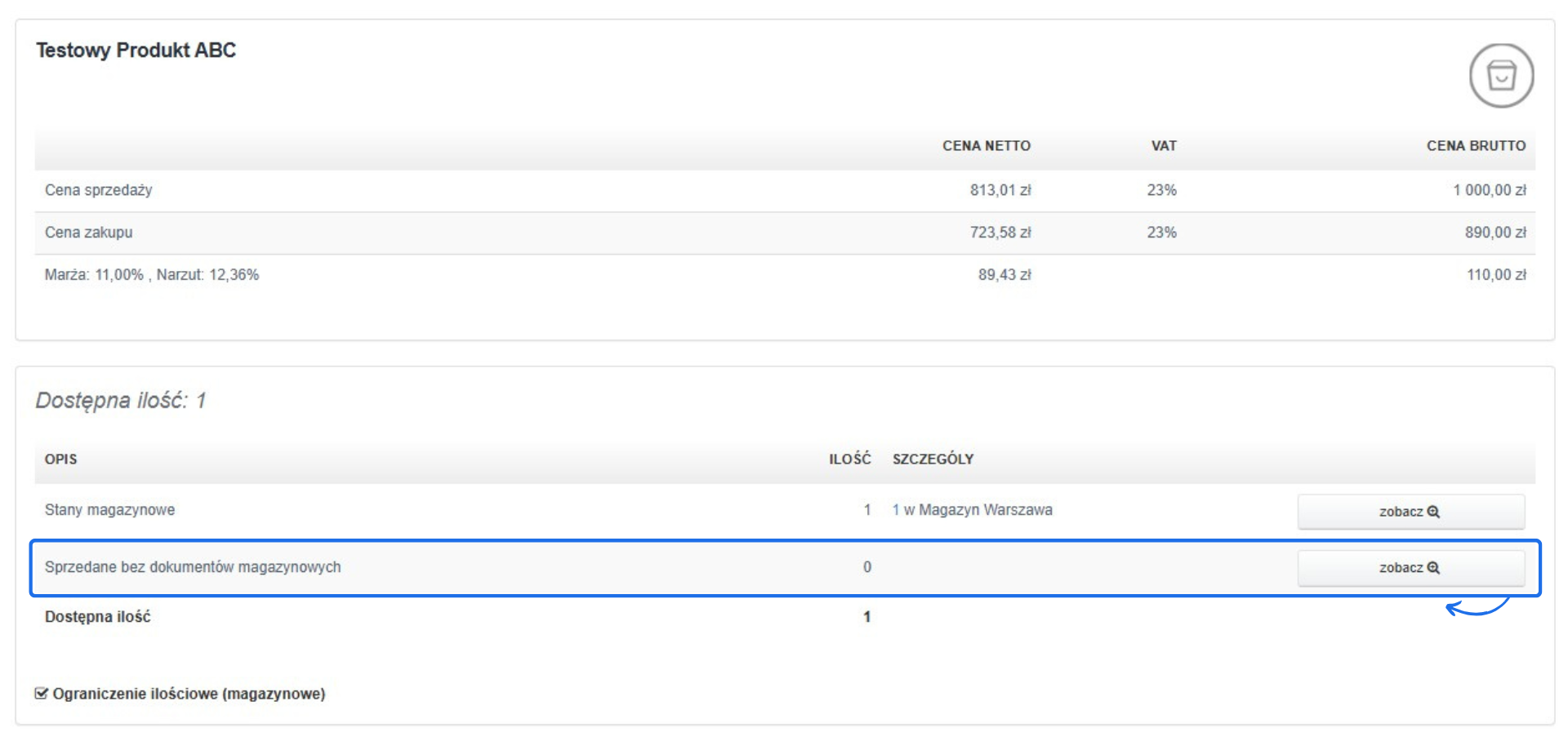 Karta produktu Testowy Produkt ABC z informacją „Sprzedane bez dokumentów magazynowych: 0” po uwzględnieniu paragonu.