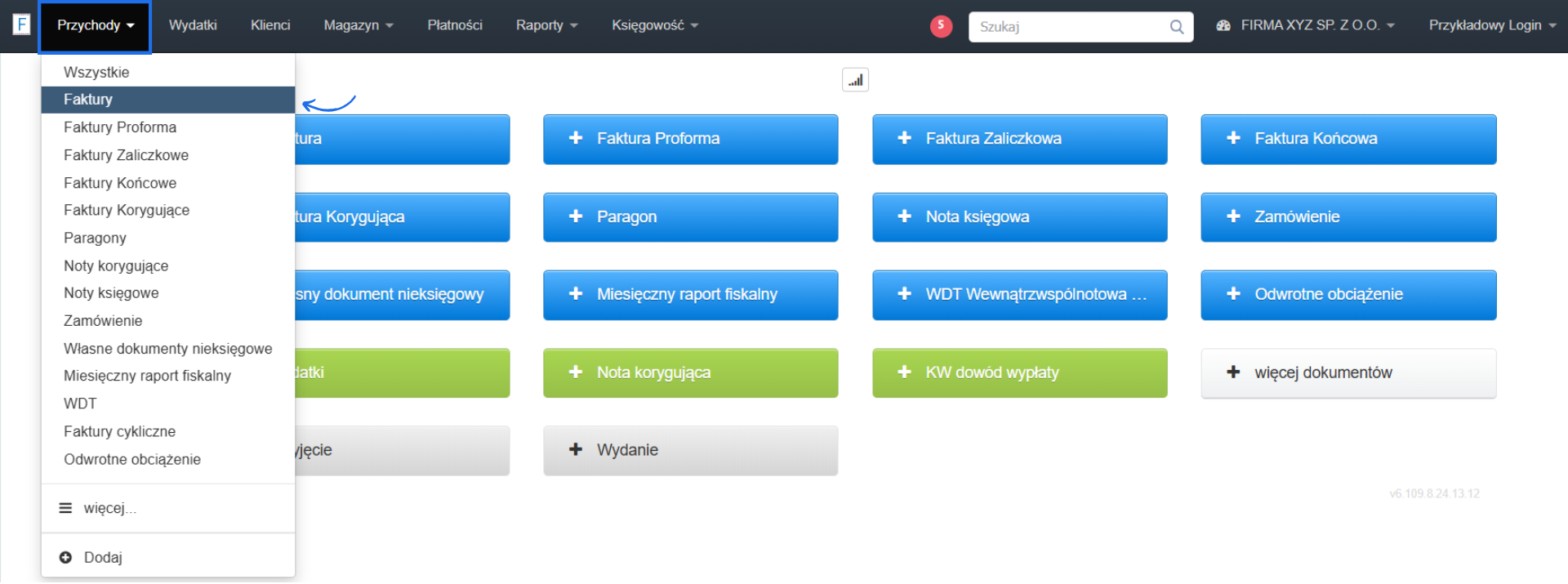 Strona główna systemu do fakturownia online z aktywnymi przyciskami faktura, faktura proforma i rozwiniętą zakładką przychody z menu głównego.