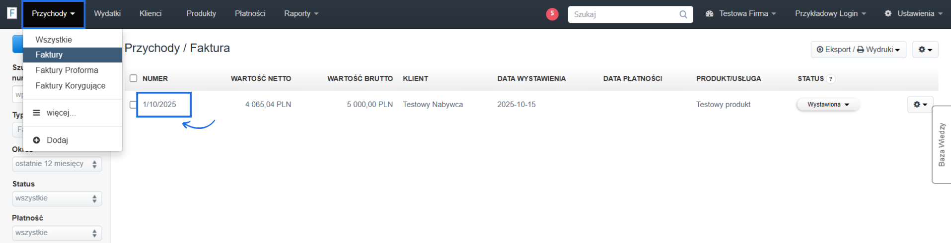 Lista faktur w systemie Fakturownia z podstawowymi danymi jak numer, wartości netto i brutto dokumentu oraz status.