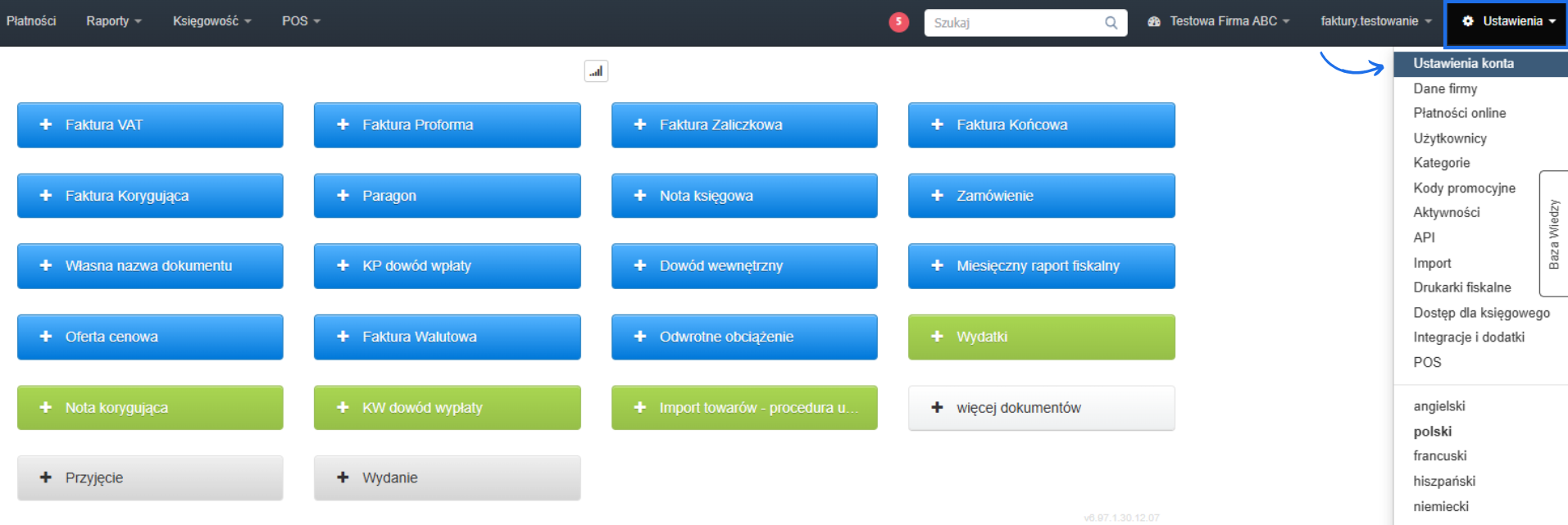 Panel Fakturowni z widoczną opcją "Ustawienia konta" rozwiniętą z menu w prawym górnym rogu.