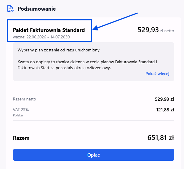 Formularz płatności za zmianę planu ze Start na Standard ze szczegółami.