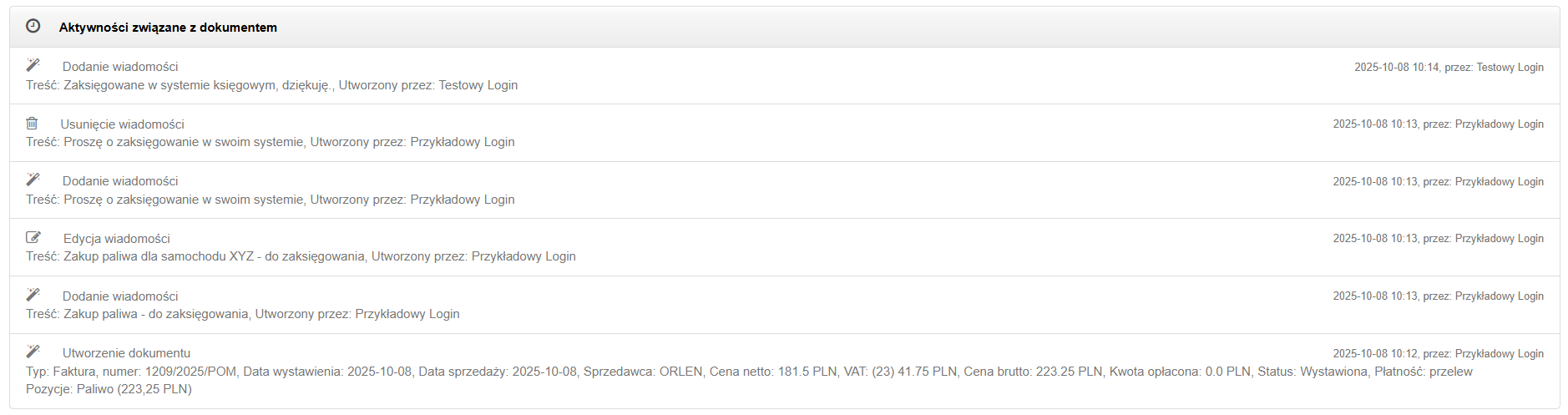 Sekcja aktywności związanych z dokumentem z informacjami o utworzeniu i edycji dokumentu oraz szczegółami aktywności w ramach sekcji komentarzy.
