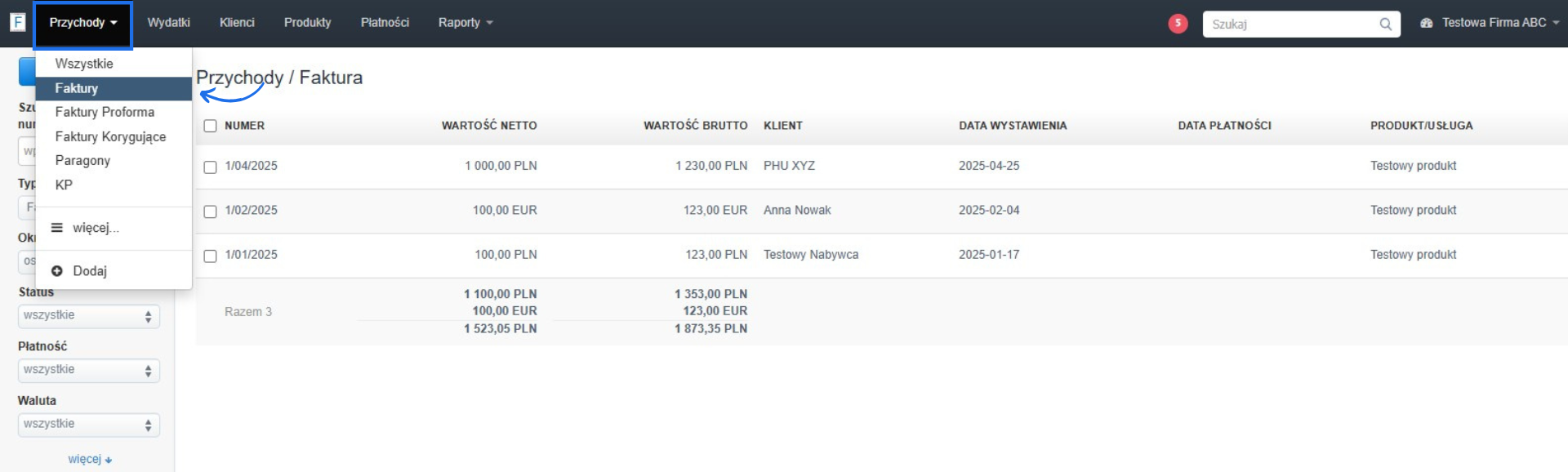 Lista faktur sprzedażowych w zakładce „Przychody” w Fakturowni z podziałem na daty, klientów i wartości brutto/netto.