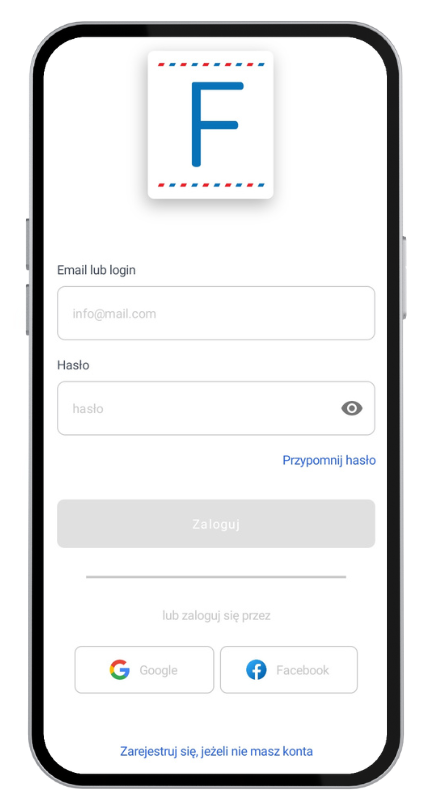 Ekran logowania do aplikacji mobilnej Fakturownia z polami na e-mail i hasło oraz opcjami logowania przez Google i Facebook.