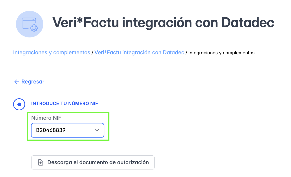 Menú desplegable para seleccionar el NIF de la empresa al crear una nueva conexión Verifactu