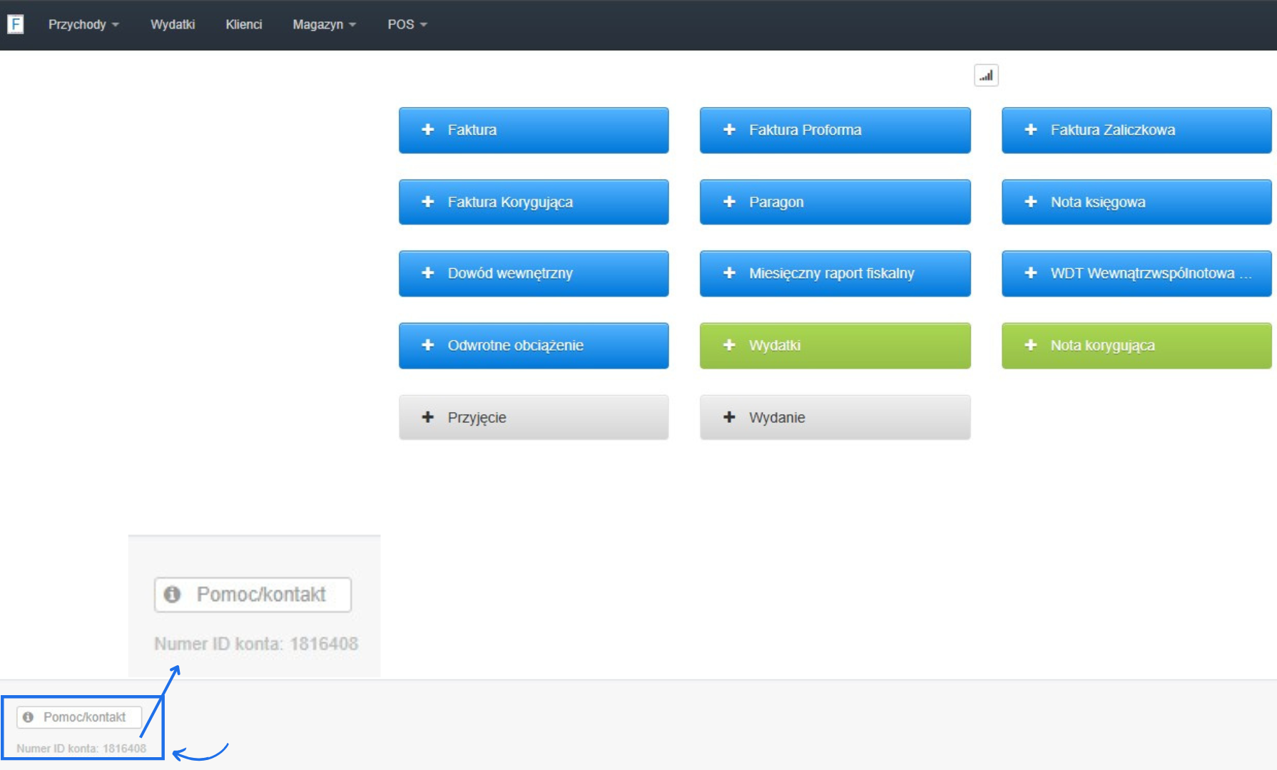 Ekran główny Fakturowni z widoczną stopką zawierającą przycisk „Pomoc/kontakt” i numer ID konta: 1816408.