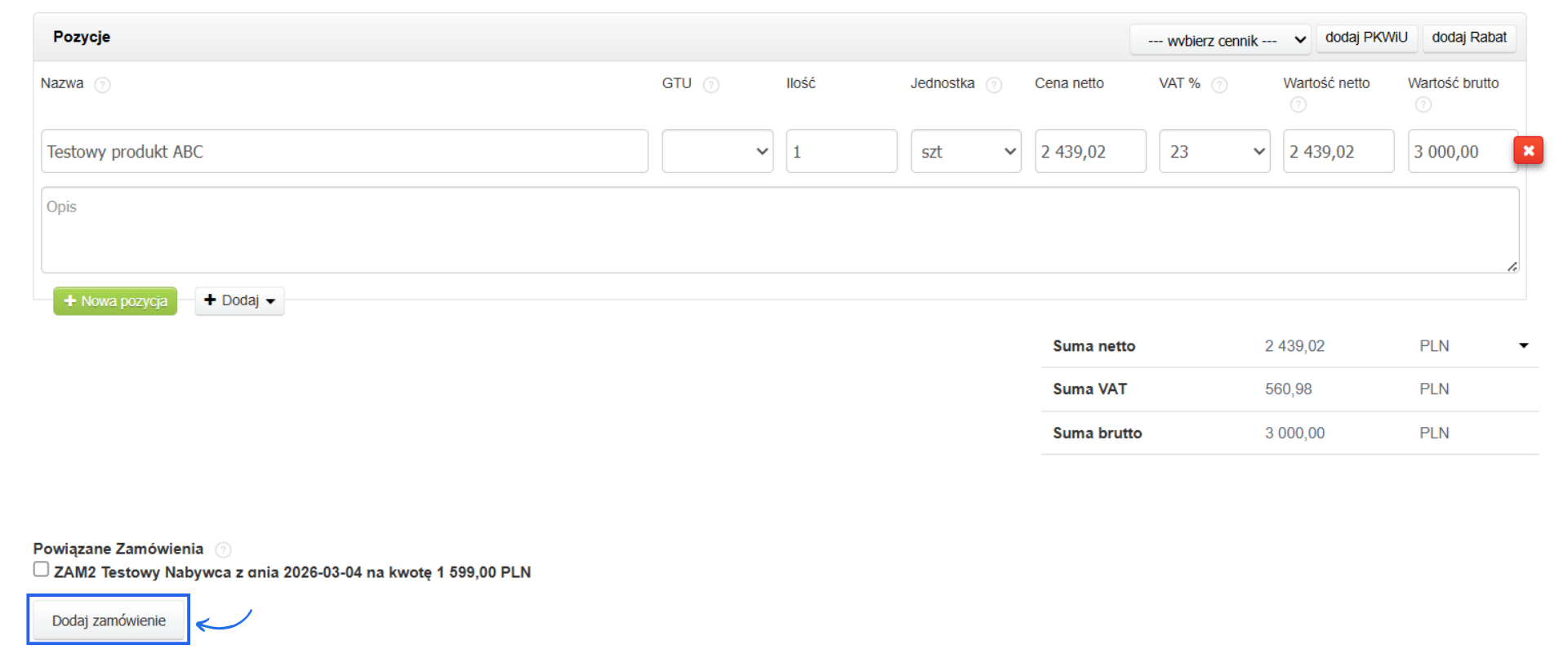 Formularz faktury zaliczkowej z opcją dodaj zamówienie do utworzenia dokumentu nieksięgowego zamówienie.