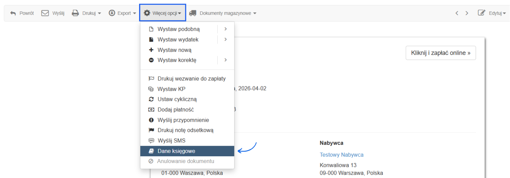 Podgląd faktury sprzedażowej z opcją dostępu do danych księgowych.