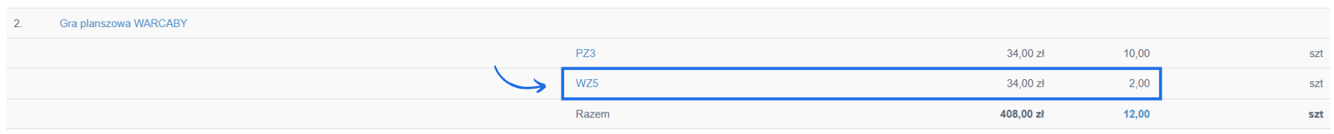 Raport inwentaryzacja kosztowa z uwzględnionym dokumentem WZ z minusową ilością jako dokument PZ.