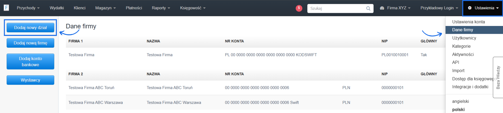 Lista firm i działów na koncie w systemie Fakturownia z możliwością utworzenia nowego działu lub dodania nowej firmy za pomocą dedykowanych przycisków.