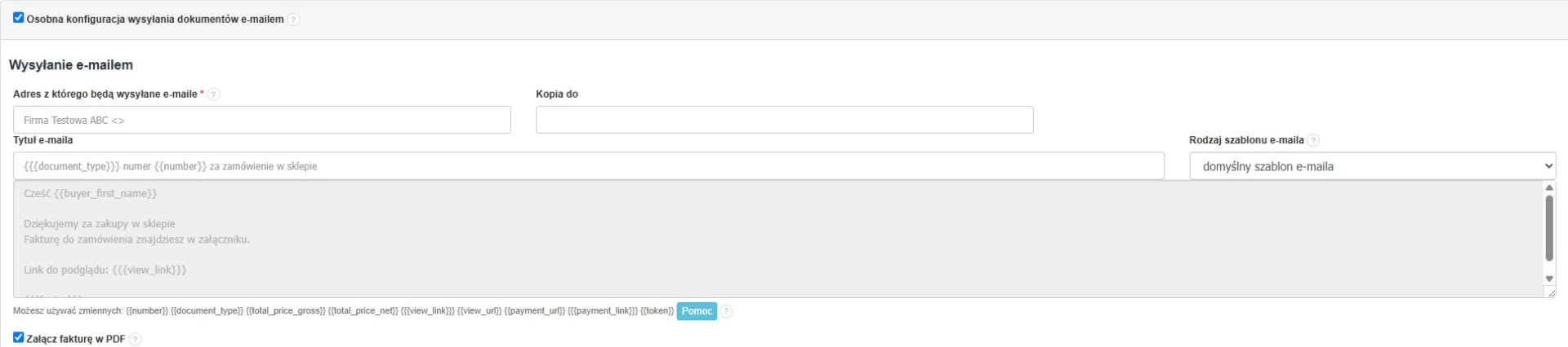 Sekcja dedykowanej konfiguracji e-mail – edytowalne pola nadawcy, tytułu i treści wiadomości oraz domyślny szablon i załącznik PDF.