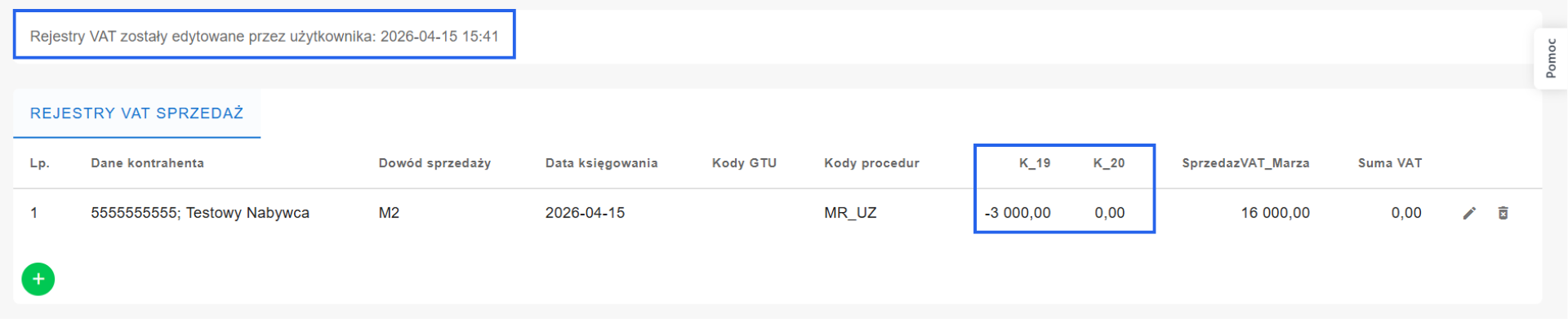Rejestry VAT sprzedaż z informacją o aktualizacji danych i zmienionymi wartościami w polach K_19 i K_20.