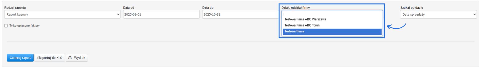 Formularz generowania raportu kasowego z możliwością wybrania konkretnego działu w polu Dział/oddział firmy, którego raport ma dotyczyć.