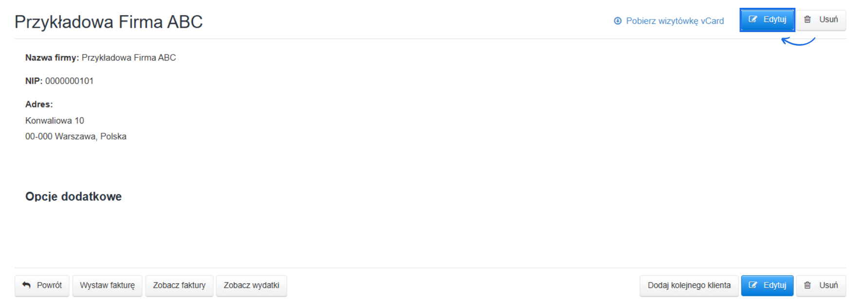 Karta klienta w systemie Fakturownia z podstawowymi danymi o kliencie takimi jak nazwa, NIP i dane adresowe oraz przyciskami do edycji, wystawienia faktury lub podglądu listy już wystawionych.