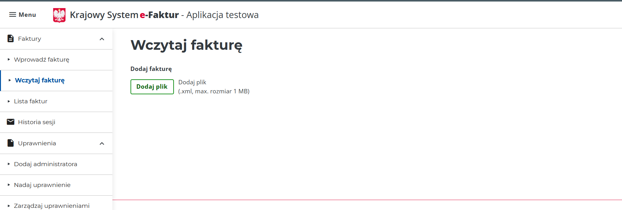 Strona w aplikacja testowej KSeF, która pozwala wczytać fakturę na podstawie pliku importu.