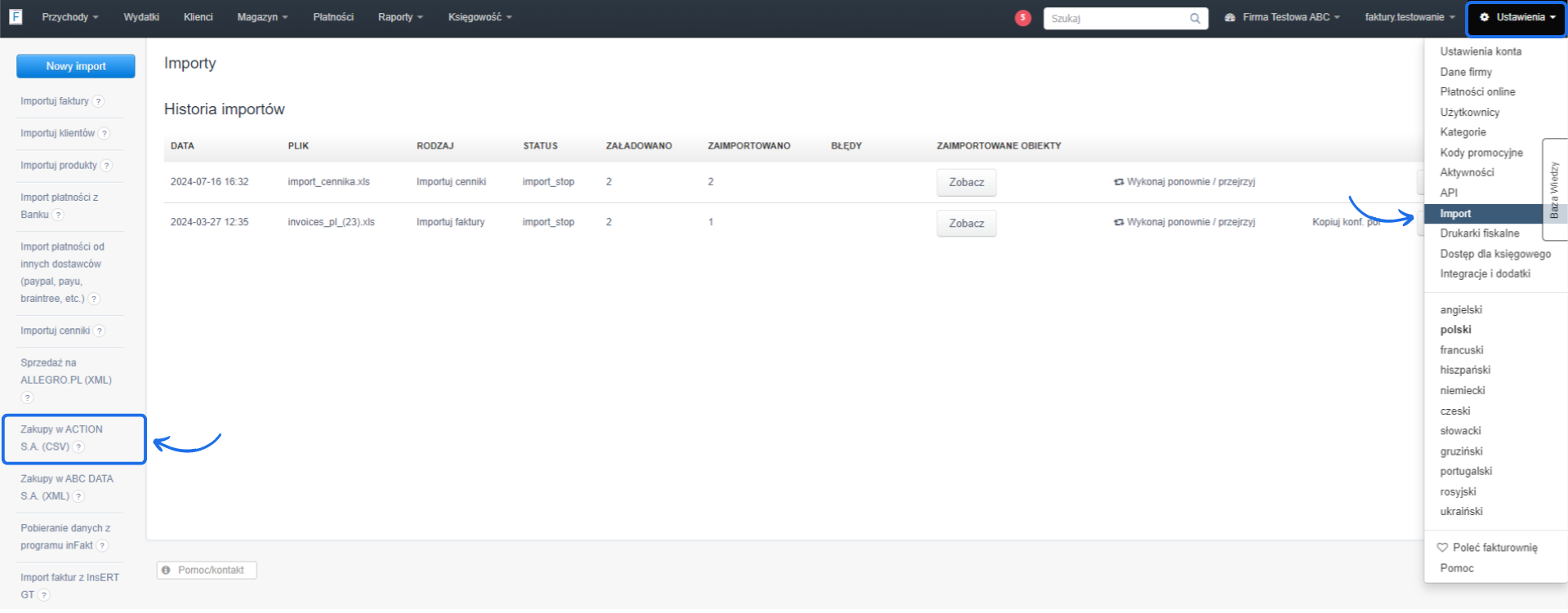 Zrzut ekranu przedstawiający historię importów w systemie Fakturownia, z wyróżnioną opcją importu zakupów z ACTION S.A. (CSV).