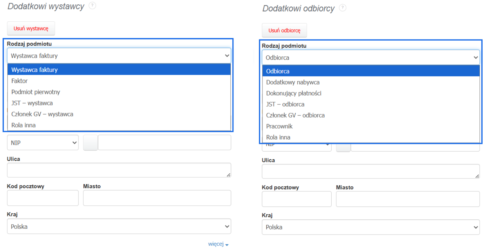 Rodzaje podmiotu trzeciego na potrzeby KSeF w dodatkowym wystawcy i odbiorcy.